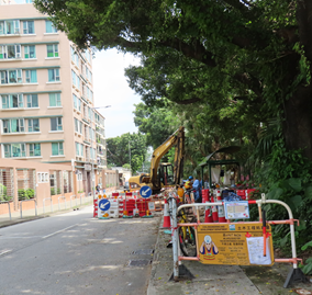 A road with construction equipment and trees